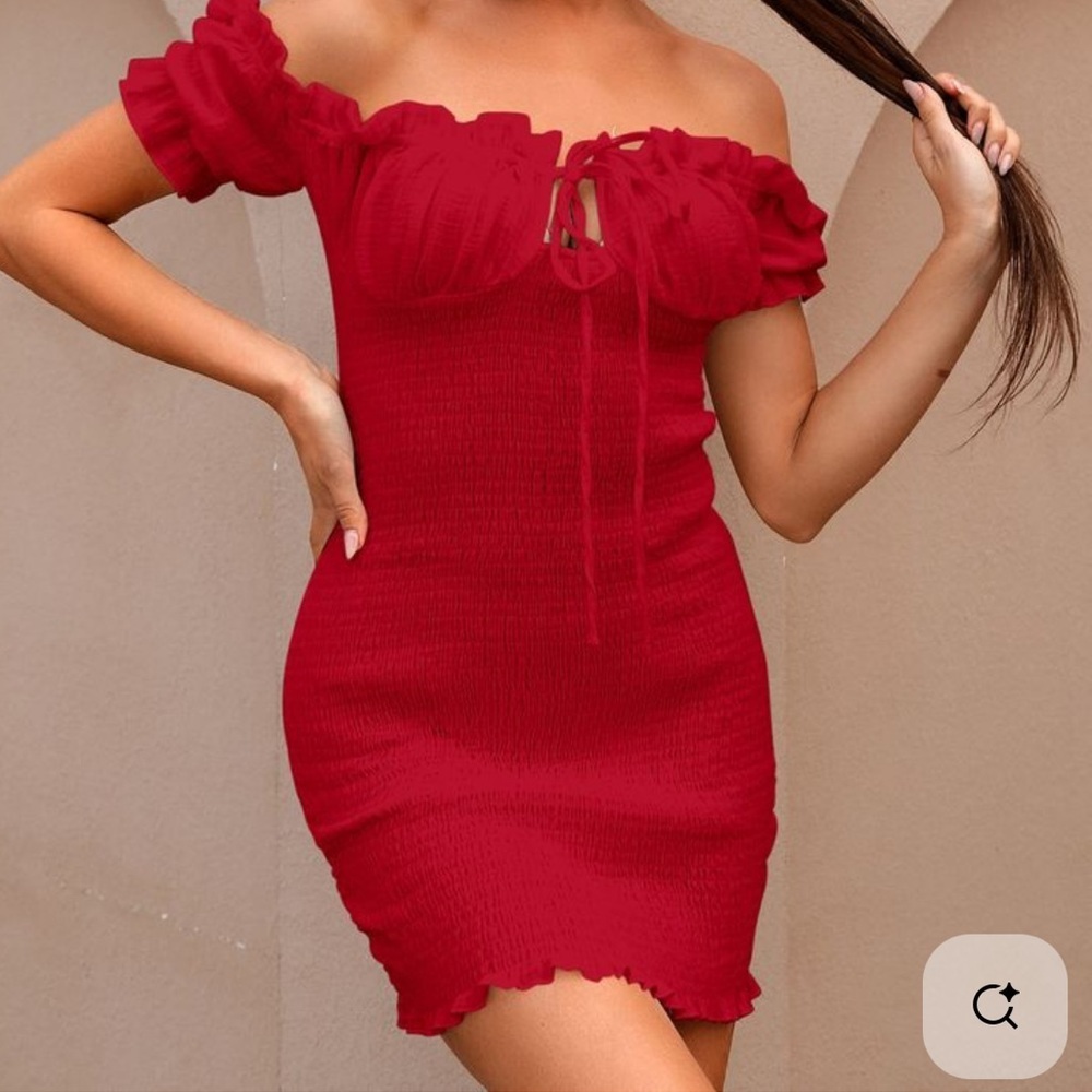 Red Senorita scrunchie dress off the shoulders